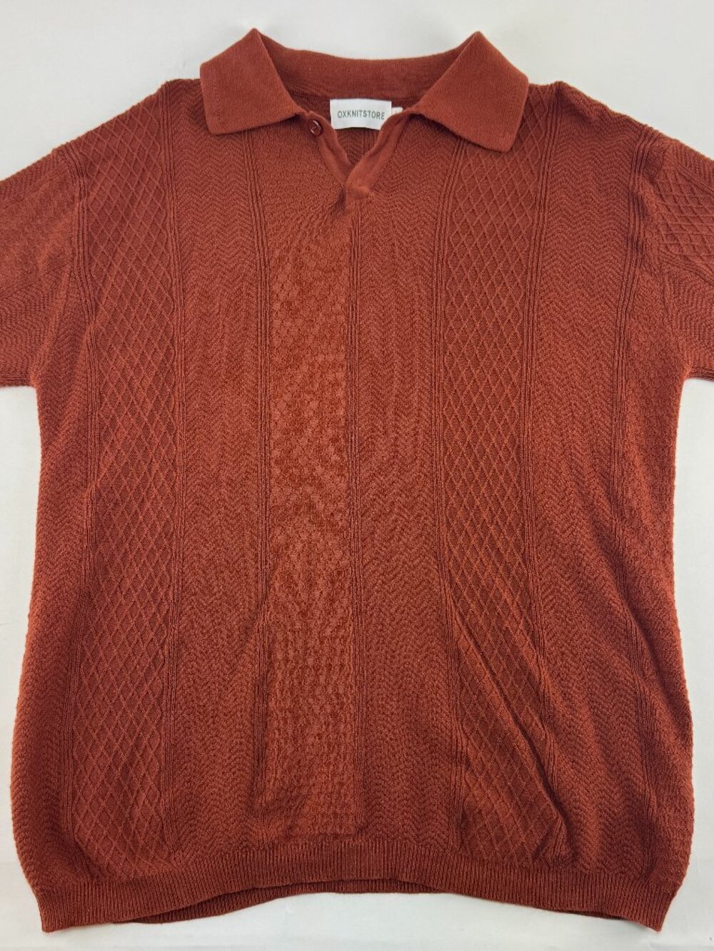 Oxknit Mens L Cotton Knit Polo Shirt Brown Retro Style Textured Short Sleeve